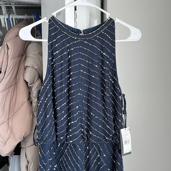 Adrianna Papell Navy Beaded Halter Gown, NWT - Picture 3 of 6